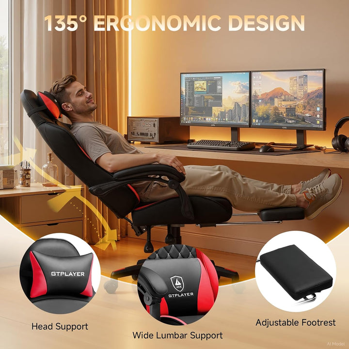 GTPLAYER Gaming Stuhl, Gaming Chair, Ergonomischer Höhenverstellbarer Bürostuhl, Zweckmässig für Win