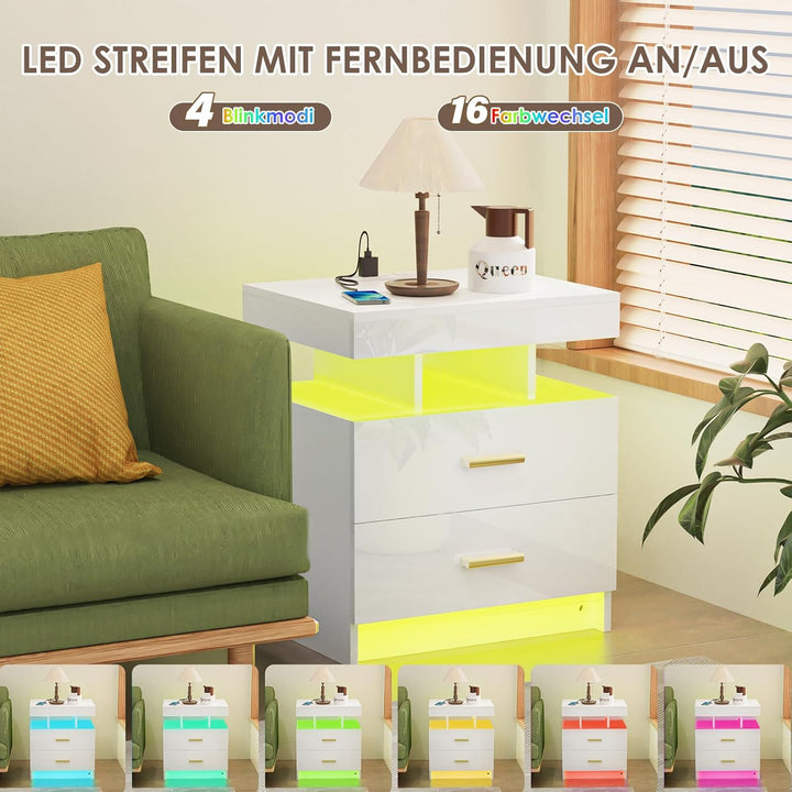 PIPIPOXER Nachttisch mit LED Licht,Nachtschrank mit Steckdose und Ladefunktion,Nachschrank mit 2 Sch
