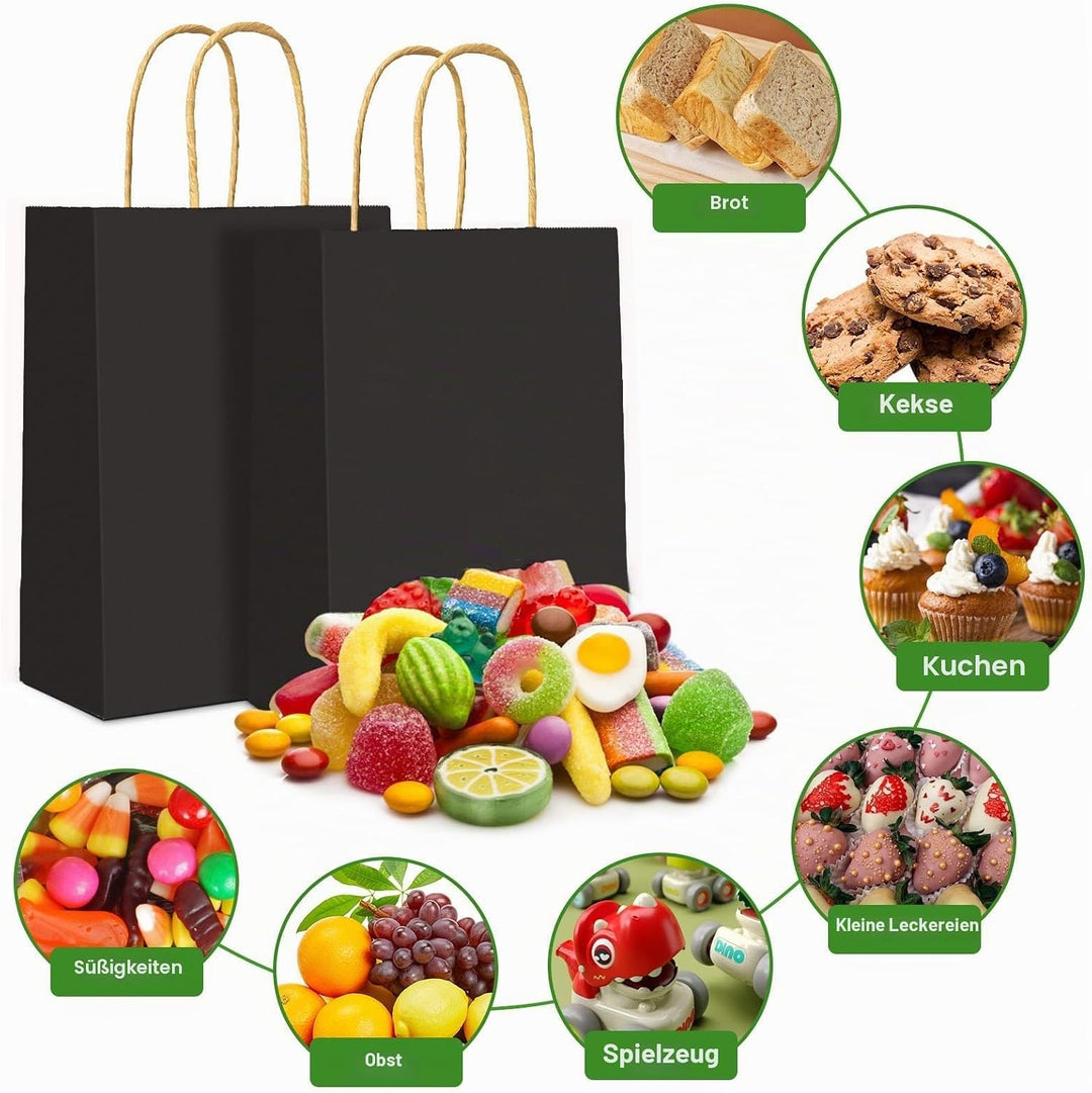 Gucass 50 Stück Gross Papiertüten mit Henkel, Schwarz Kraft Papiertaschen Geschenktüten, 26x12x33cm