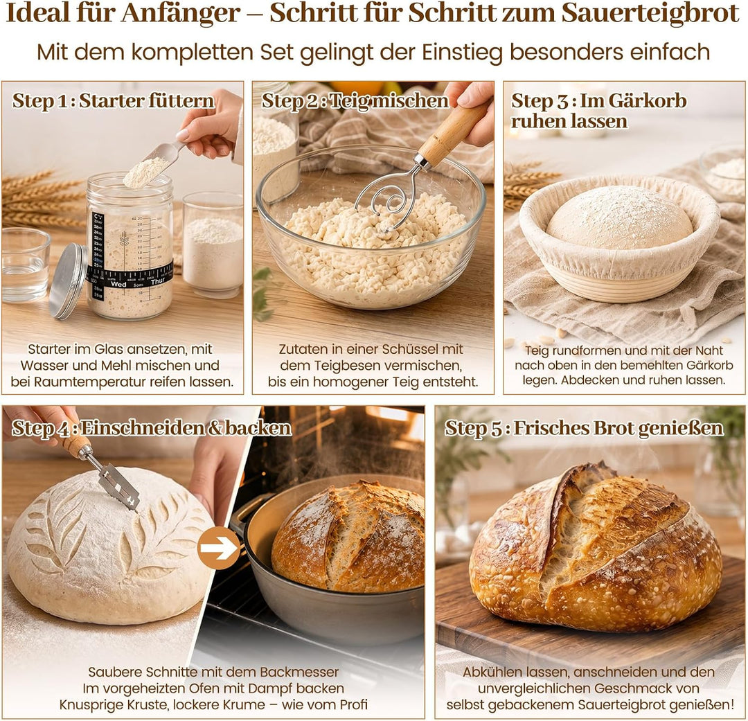Sauerteig Starter Set, Gärkorb & Sauerteigglas, 21-teilig Gärkorb Brot Set | Brot Backen Zubehör für