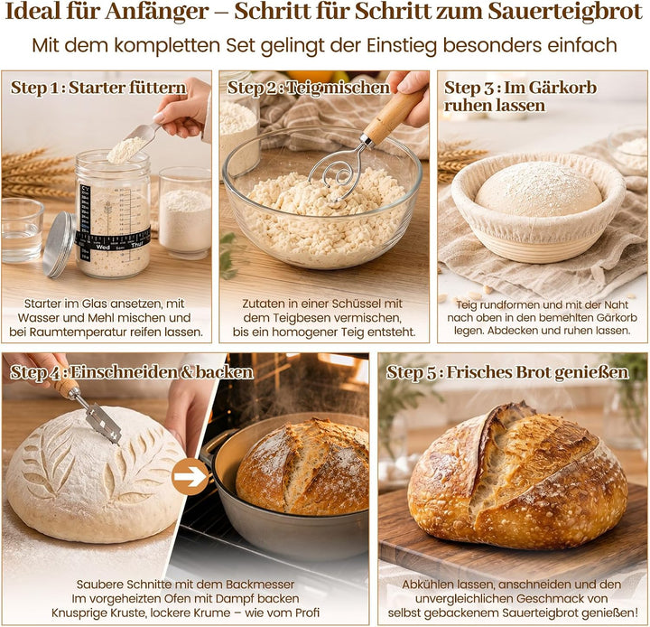 Sauerteig Starter Set, Gärkorb & Sauerteigglas, 21-teilig Gärkorb Brot Set | Brot Backen Zubehör für