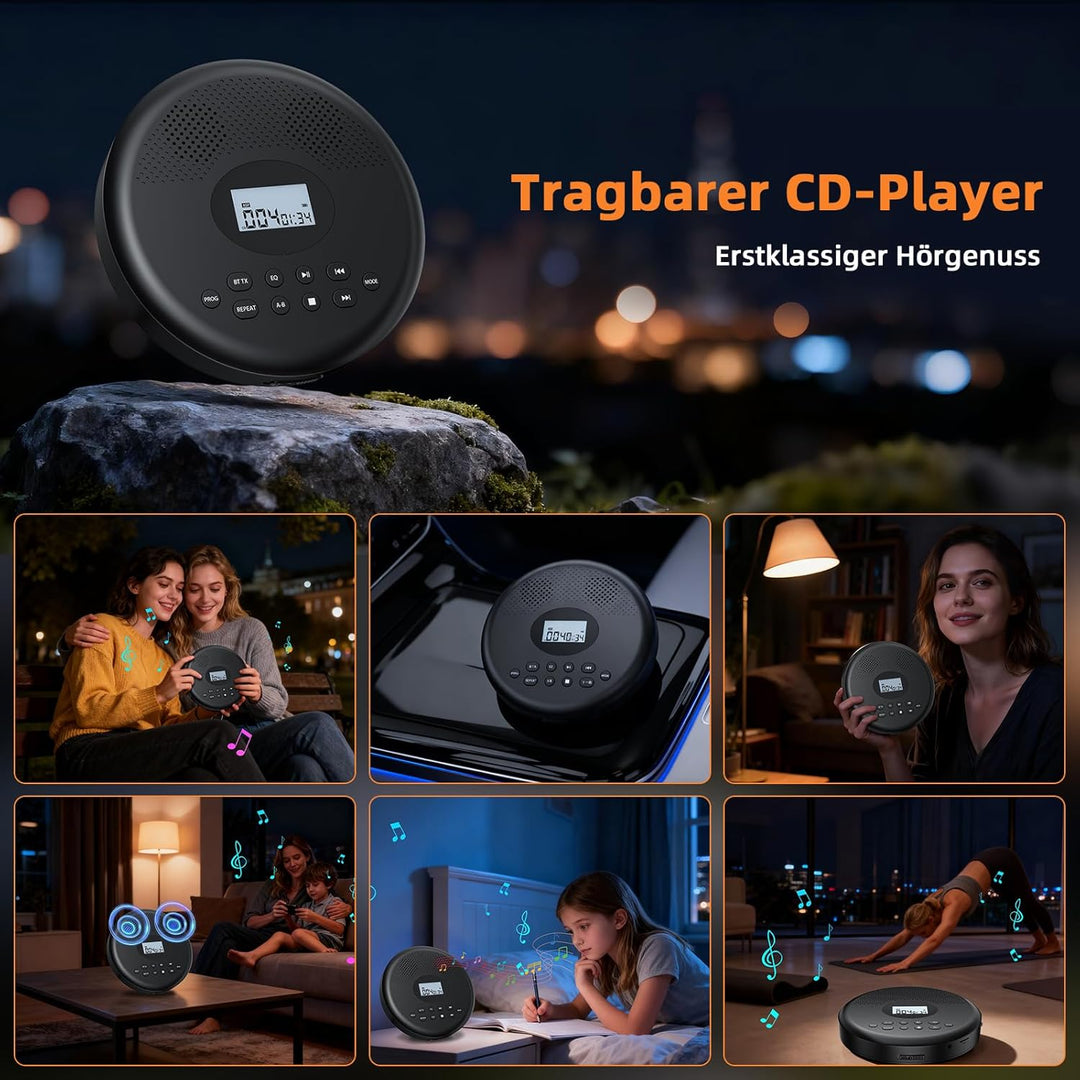 Arafuna Tragbarer CD-Player, CD Player Bluetooth Mit wiederaufladbarem Akku/Lautsprechern/Kopfhörern