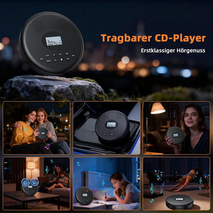 Arafuna Tragbarer CD-Player, CD Player Bluetooth Mit wiederaufladbarem Akku/Lautsprechern/Kopfhörern