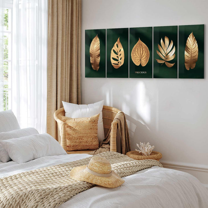 murando - Bilder goldene Blätter 200x80 cm Vlies Leinwandbild 5 Teilig Kunstdruck modern Wandbilder