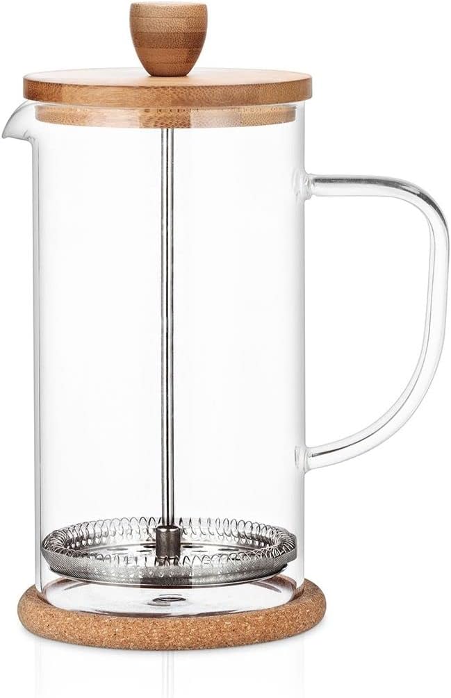 Buntfink French Press 1 Liter Glas – Kaffeebereiter mit Edelstahl-Filter & Bambus-Deckel – mit je 2