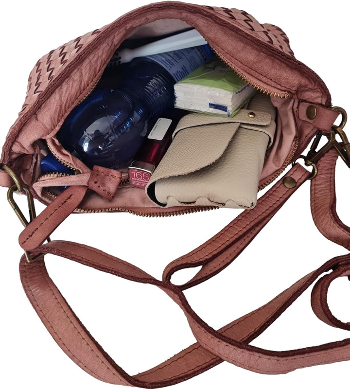 Leder Umhängetasche mit Handgelenkschlaufe, Leder Clutch geflochten,Damen Schultertasche klein, Cros