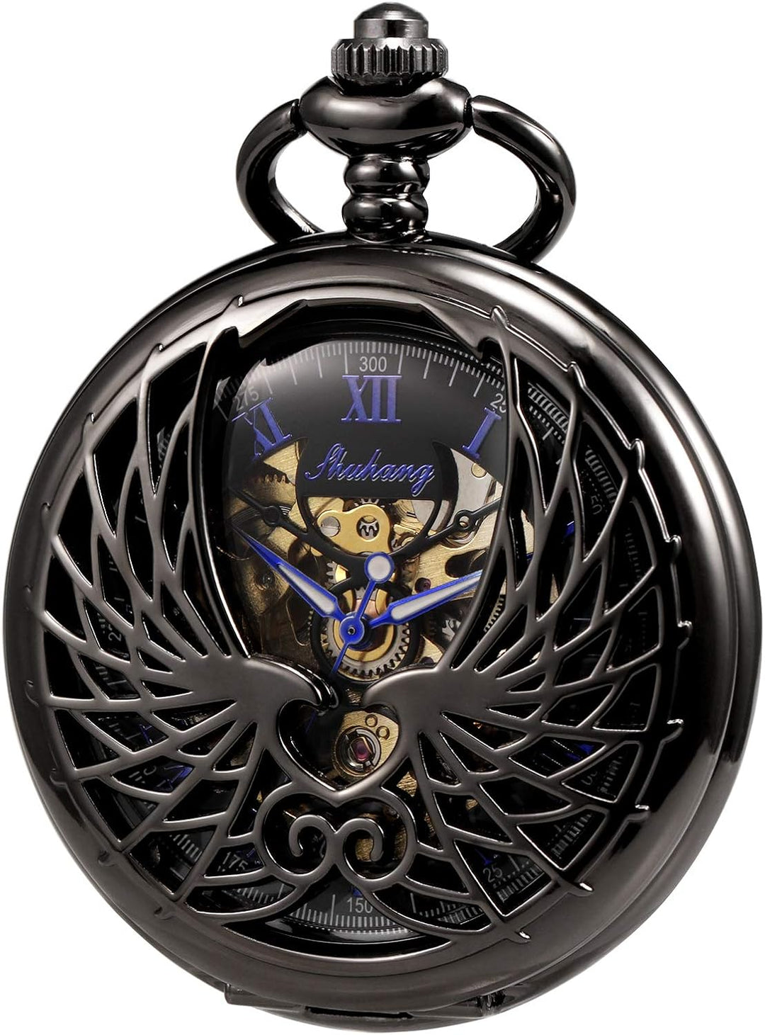 TREEWETO Unisex Taschenuhr mit Kette Analog Handaufzug Doppelscharnier Adler Skelett Römische Ziffer