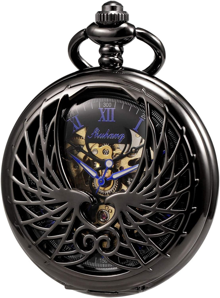 TREEWETO Unisex Taschenuhr mit Kette Analog Handaufzug Doppelscharnier Adler Skelett Römische Ziffer