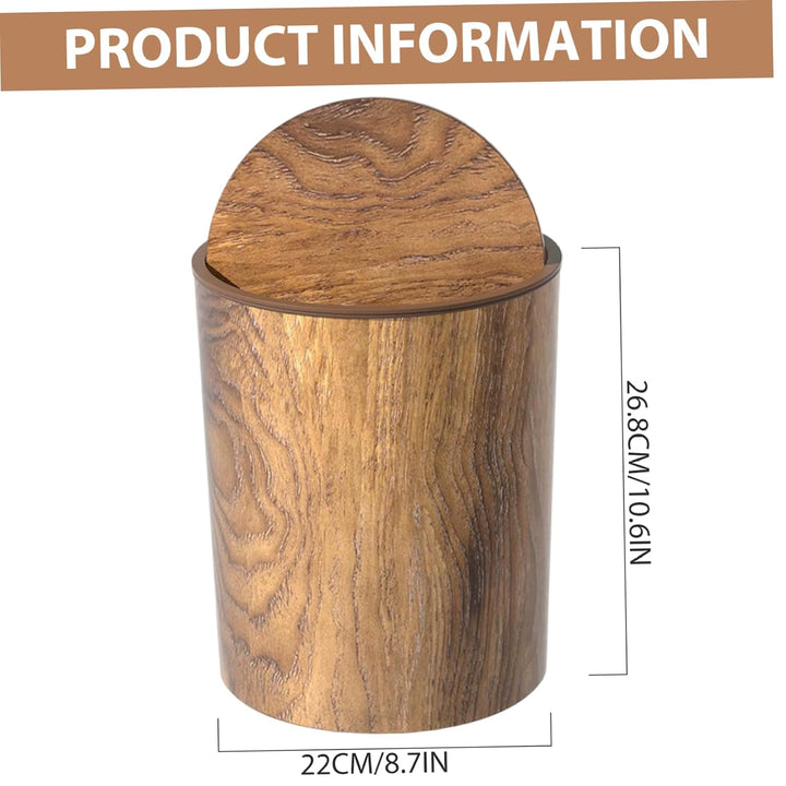 Retro-Mülleimer, Holzmaserung, kleiner Mülleimer mit Schwingdeckel, runder, wiederverwendbarer Abfal