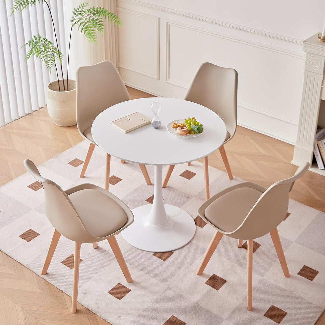 Runder Küchen-Esstisch und 4 Esszimmerstühle, moderner lässiger Tisch. Weisser Esstisch und Beige St