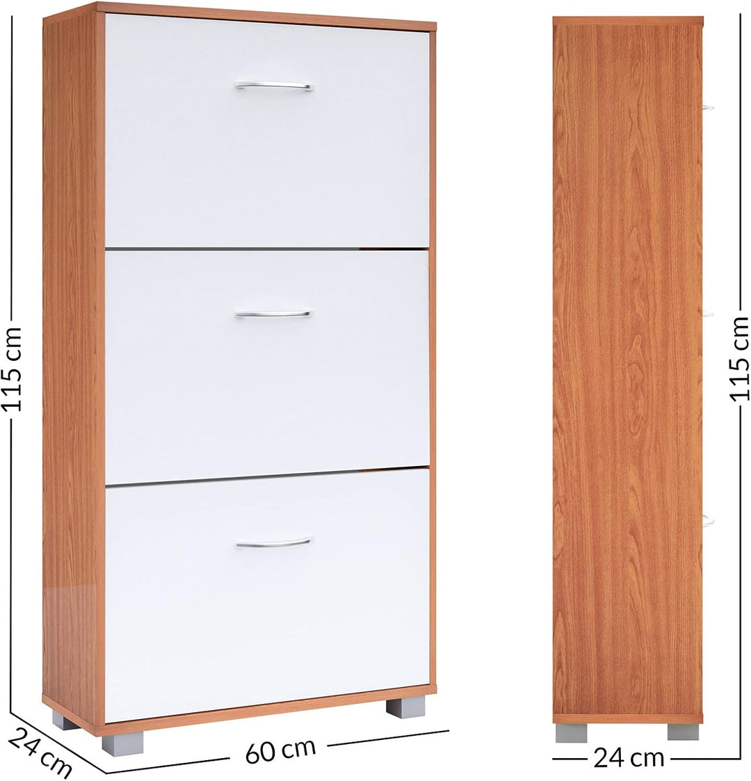 Casaria® Schuhschrank für 18 Paar Schuhe Schmal 115x60x25cm 3 Klappen Hoch Holz Geschlossen Kippsich