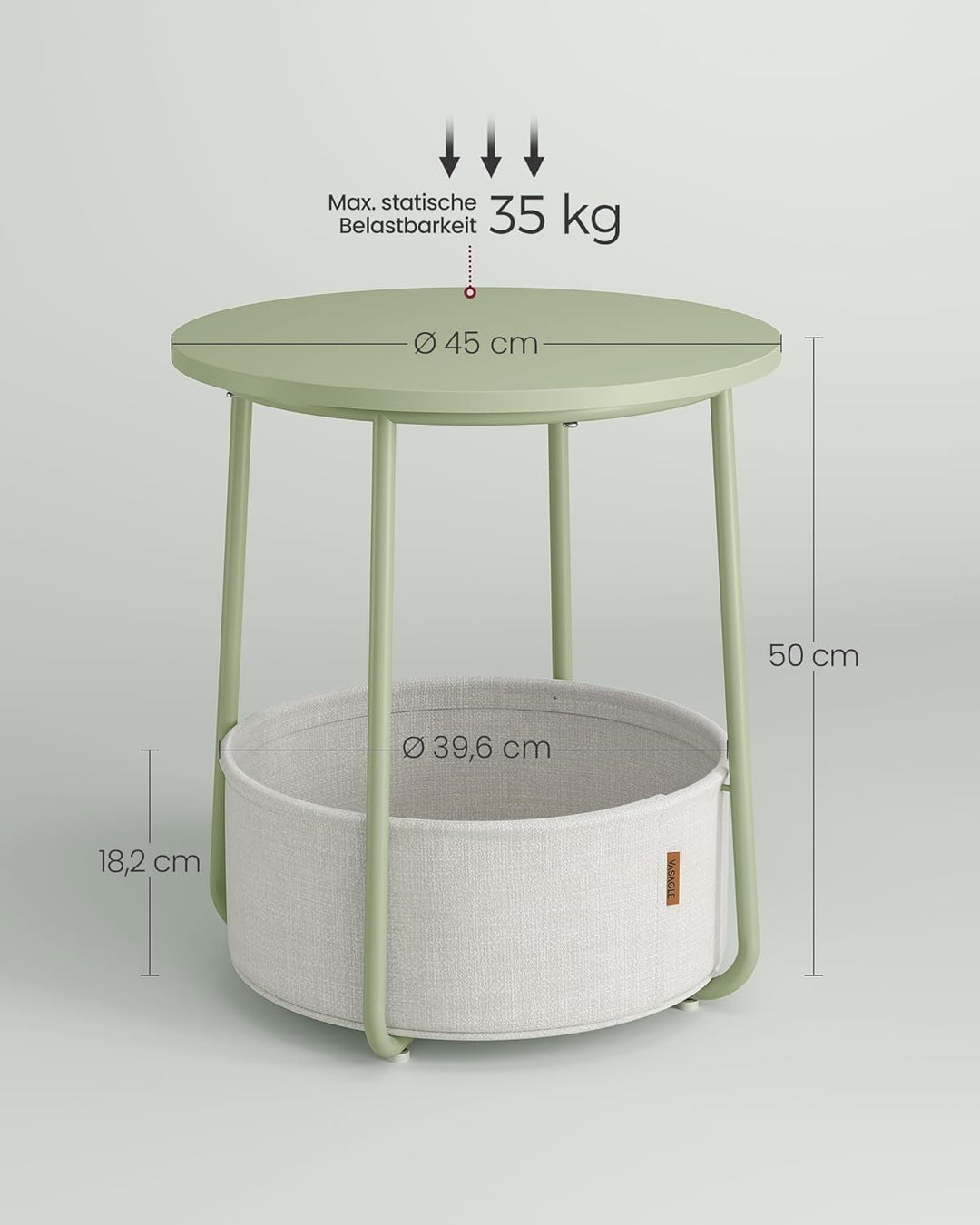 VASAGLE Beistelltisch rund, Kleiner Tisch, Couchtisch klein, Wohnzimmertisch mit Korb aus Stoff, Sta