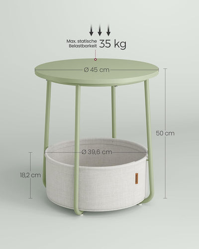 VASAGLE Beistelltisch rund, Kleiner Tisch, Couchtisch klein, Wohnzimmertisch mit Korb aus Stoff, Sta
