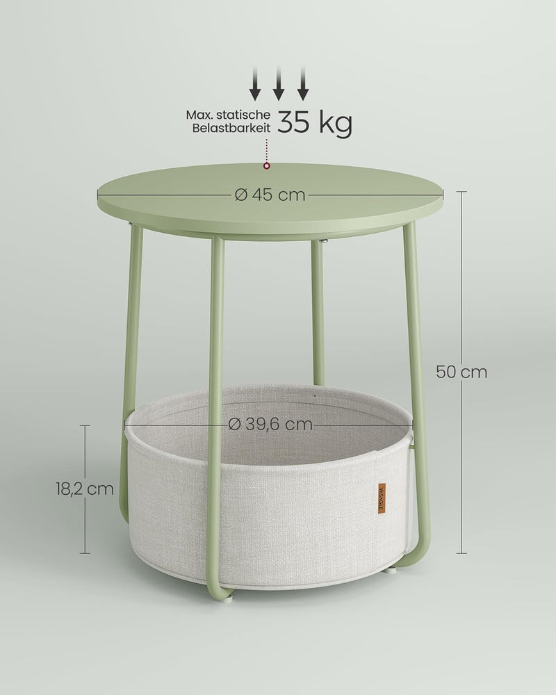 VASAGLE Beistelltisch rund, Kleiner Tisch, Couchtisch klein, Wohnzimmertisch mit Korb aus Stoff, Sta