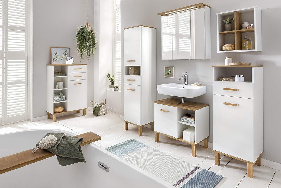 Schildmeyer Spiegelschrank Padua 142296, weiss glanz/eiche landhaus Dekor, 70,5 x 16 x 72,5 cm