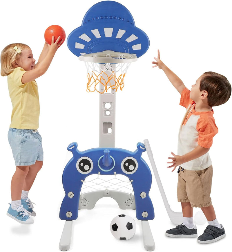 Kinder Basketballkorb Set |4 in 1 höhenverstellbarer Basketballständer & Fussballtor Golfspiel Ringw