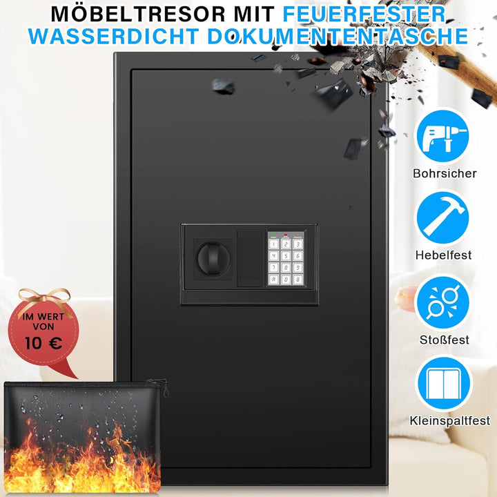 80L Tresor mit Feuerfester Dokumententasche, Feuerfest Safe Tresor mit Zahlenschloss, Ersatzschlüsse
