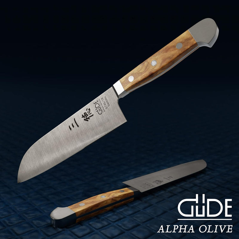 GÜDE Solingen - Santoku Messer geschmiedet, 18 cm, Olivenholz, ALPHA OLIVE, Doppelkropf, Handmade Ge