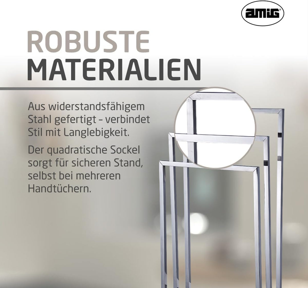 Amig - Verchromter freistehender Handtuchhalter mit 3 Metallstangen - Bodenständer für Badetücher -