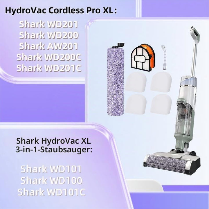 Ersatz Bürstenrolle und Filter-Kit für Shark HydroVac WD101 WD201 WD100 Staubsauger, kompatibel mit