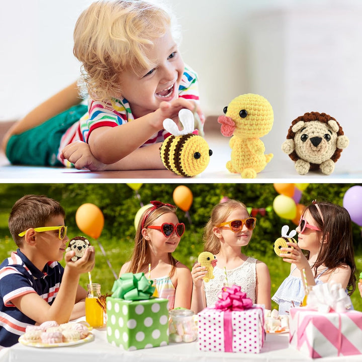 ASTARON Crochet Kit, Häkelset für Erwachsene und Kinder, 3 süsse Häkeltiere – Igel, Biene, Ente, Häk