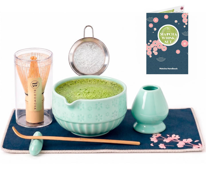 Matcha Set, Keramik Matcha Tee Set Mit Schale, Bambusbesen, Löffel, Sieb, Löffelablage, Besenhalter,