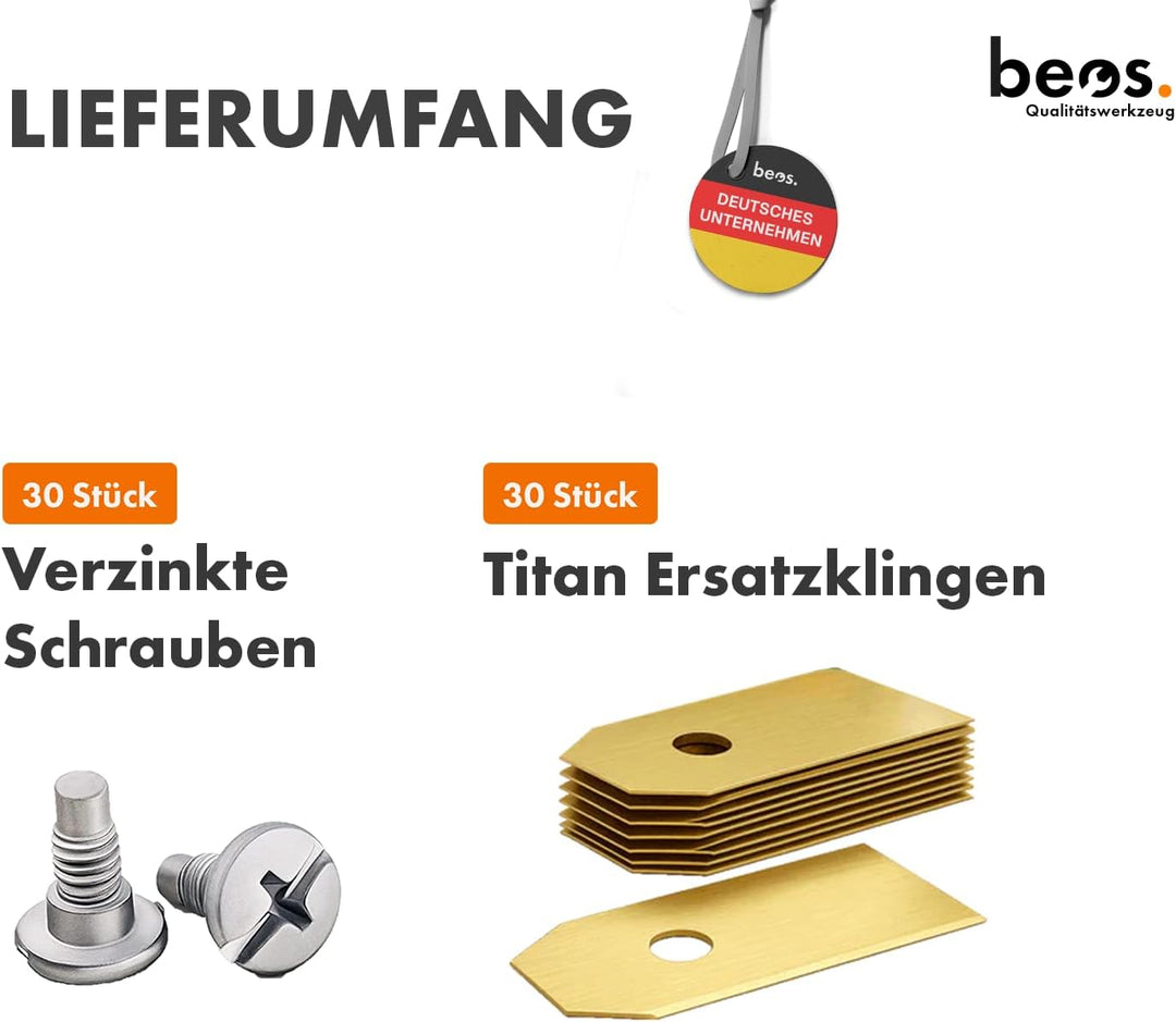 BEOS 30 x Premium Titan Ersatzmesser + Schrauben - Ersatzklingen für Premiummarken Husqvarna, Garden