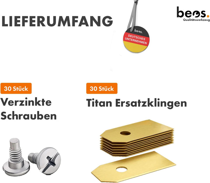 BEOS 30 x Premium Titan Ersatzmesser + Schrauben - Ersatzklingen für Premiummarken Husqvarna, Garden