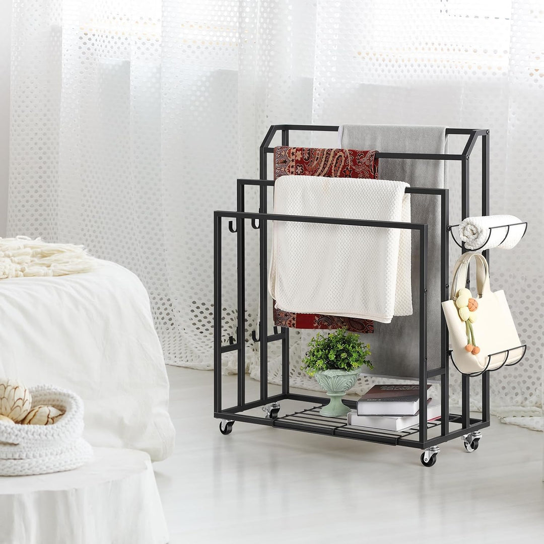 Freistehender Handtuchhalter Ständer Schwarz Handtuch Trocknen und Display Rack mit Rollen, Indoor O