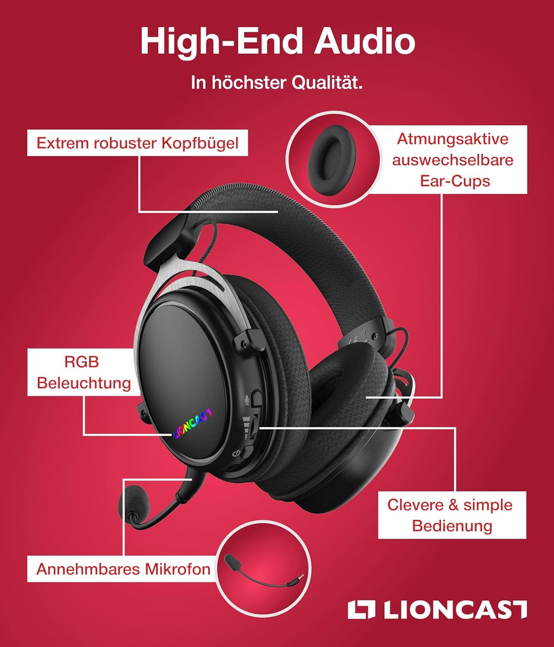 Lioncast® LX80 Gaming Headset mit Mikrofon Wireless [80Std. Akku] - PS5 - Xbox One - Gaming Headset