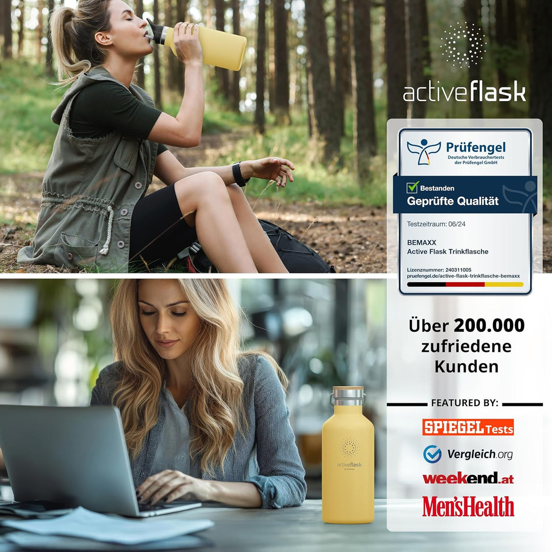 Trinkflasche Edelstahl mit Strohhalm, Infuser + 3 Deckel: BPA-frei, Auslaufsicher, Kohlensäure geeig