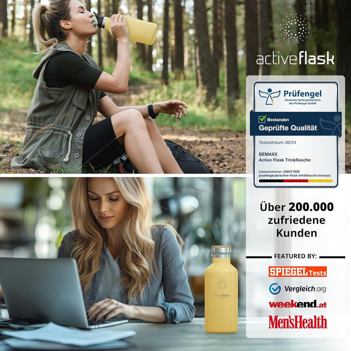 Trinkflasche Edelstahl mit Strohhalm, Infuser + 3 Deckel: BPA-frei, Auslaufsicher, Kohlensäure geeig