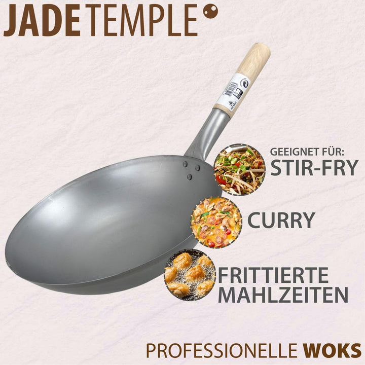 JADE TEMPLE Wok aus Carbonstahl mit 30 cm Durchmesser, mit rundem Holzgriff, Grau Durchmesser 30 cm