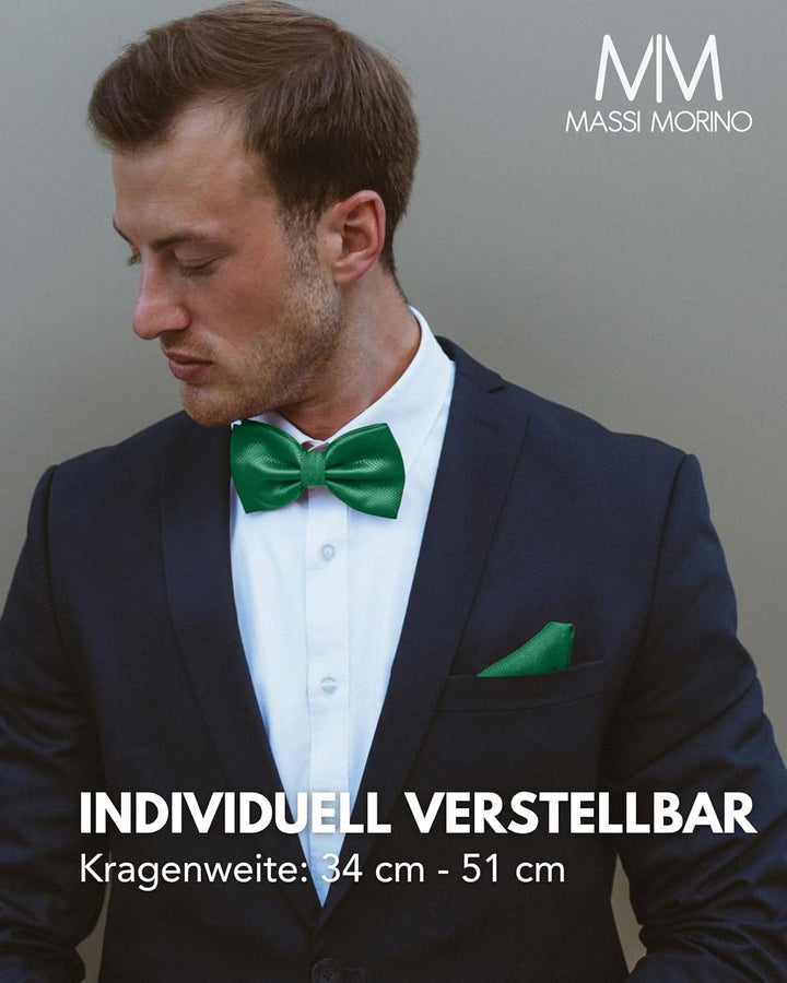 Massi Morino Fliege mit Einstecktuch für Herren Set - Anzug Herrenfliege zur Hochzeit - Verstellbare
