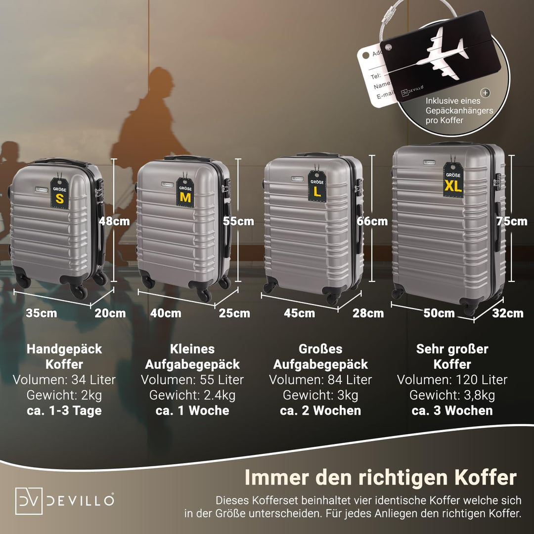Devillo® Hartschalenkofferset Kofferset 4tlg. S-M-L-XL, Silber - Hard Shell Trolley Koffer Reisekoff