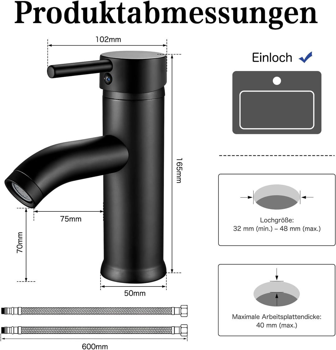 kisimixer Wasserhahn Bad Schwarz Waschtischmischer, Einhandmischer Waschbecken Armaturen mit Kalt/Wa