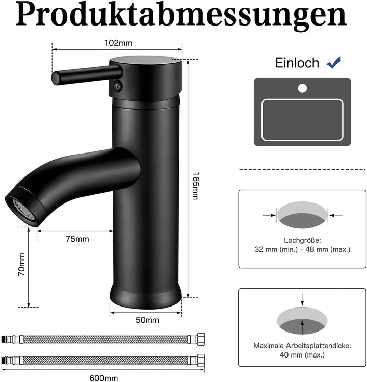 kisimixer Wasserhahn Bad Schwarz Waschtischmischer, Einhandmischer Waschbecken Armaturen mit Kalt/Wa