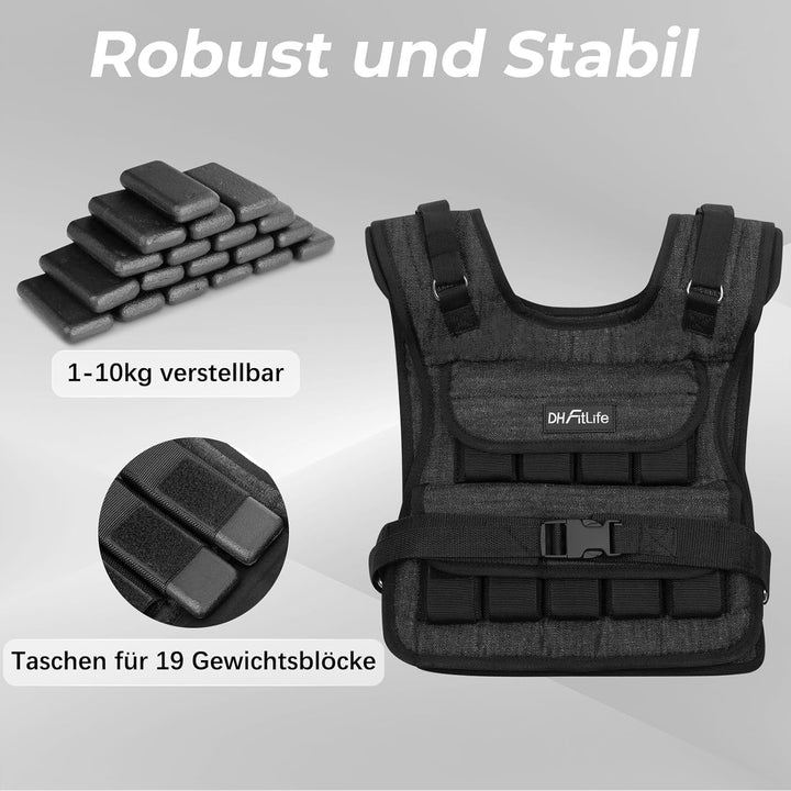 DH FitLife Verstellbare Gewichtsweste 10kg/20kg Kompakt u. Stabil zum Muskelaufbau u. Krafttraining