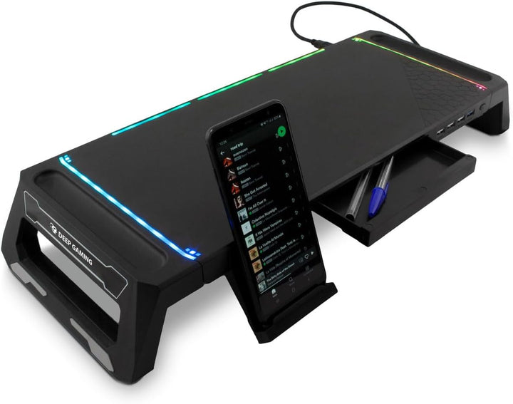 SN06 Monitorständer für Gaming-Schreibtisch mit Aufbewahrungsschublade, Handyhalterung, 10 RGB-Beleu