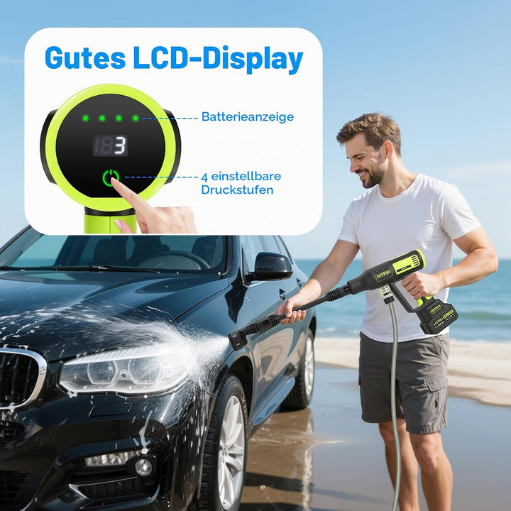 MYPIN Upgraded LCD Display Tragbarer kabelloser Hochdruckreiniger, 725 PSI 21V 2 Batterien Wiederauf