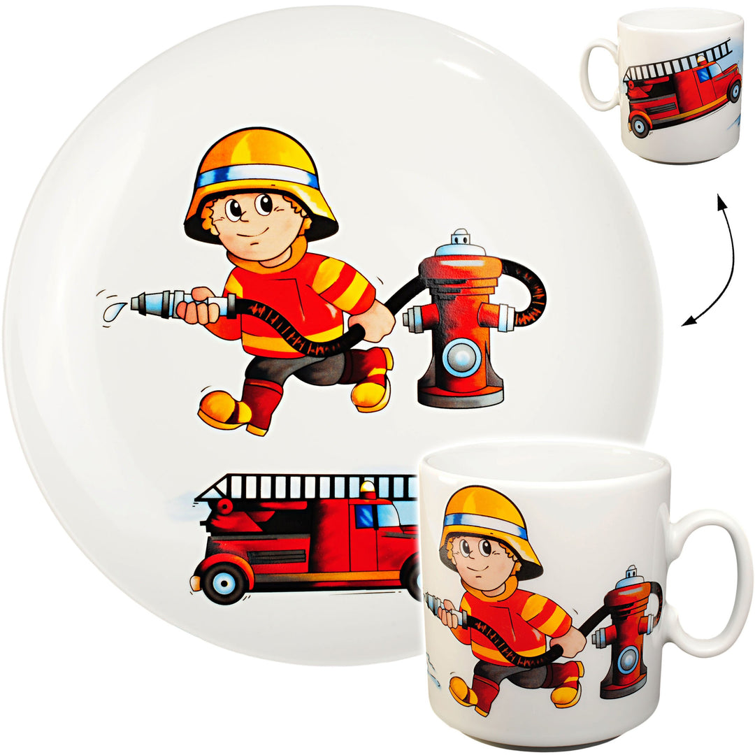 alles-meine.de GmbH 2 TLG. Set grosser Teller/Kinderteller + Henkeltasse - Feuerwehr - Feuerwehrmann