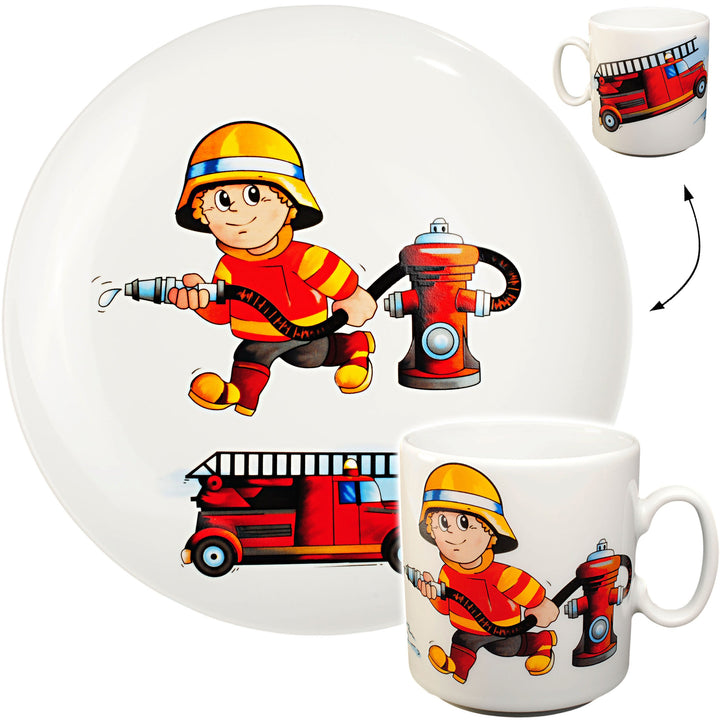 alles-meine.de GmbH 2 TLG. Set grosser Teller/Kinderteller + Henkeltasse - Feuerwehr - Feuerwehrmann
