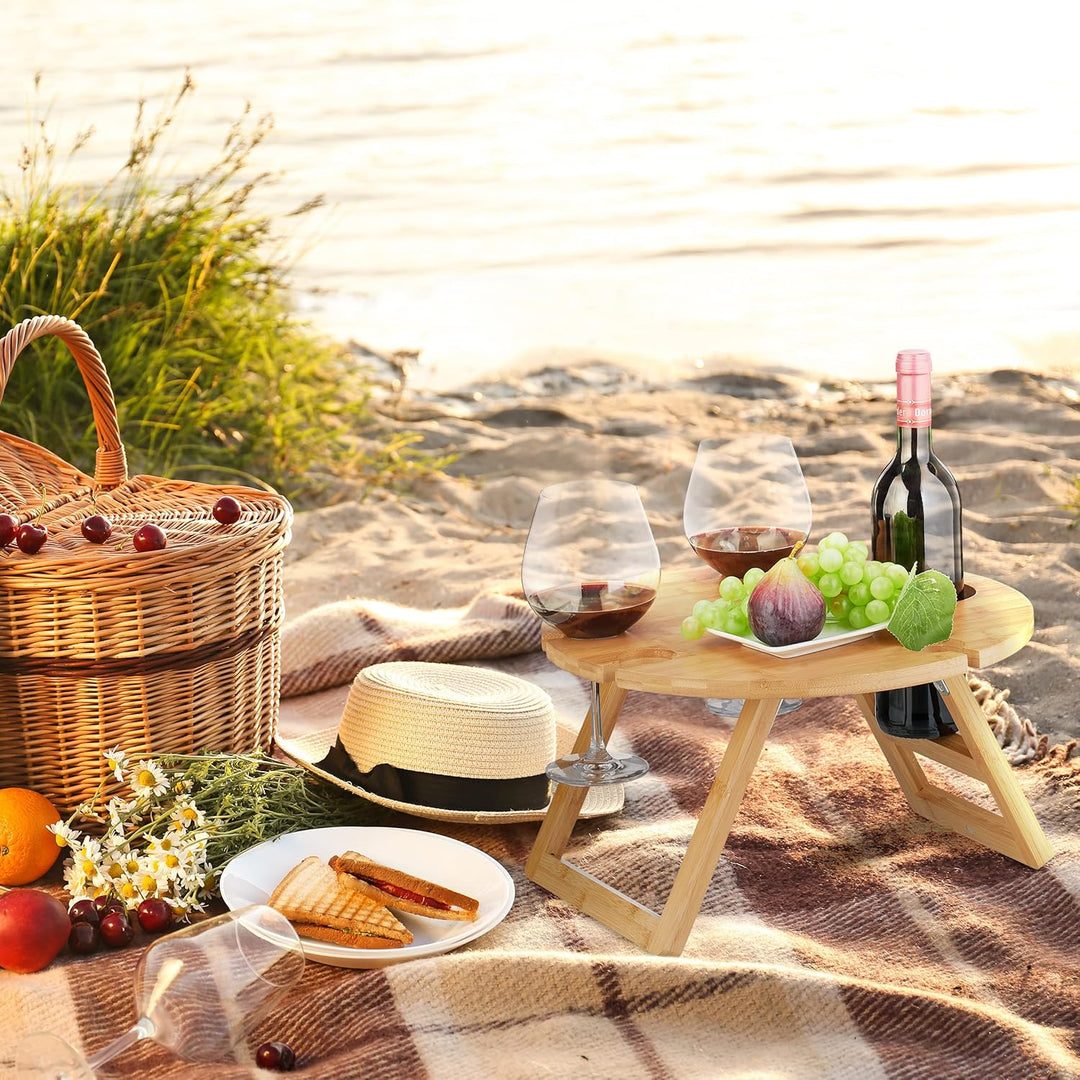 Relaxdays Picknick Weintisch, klappbar, HxD: 22x39cm, Getränkehalter 4 Weingläser &amp; 1 Flasche, Bambu