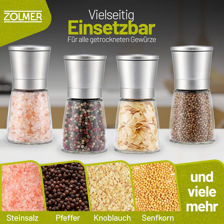 Gewürzmühle 2er Set Mit Einstellbarem Keramikmahlwerk - Pfeffermühle Edelstahl, Salzmühle, Salz Pfef