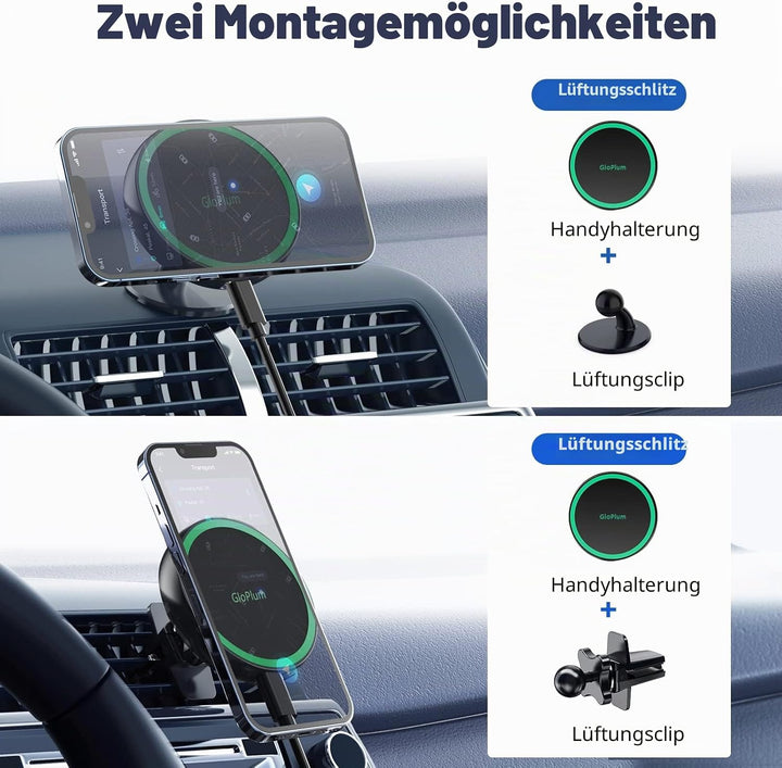 Gloplum Kompatibel 15W Ladegerät Magsafe Autohalterung, Kabelloses Magnet Auto Handyhalter,Wireless