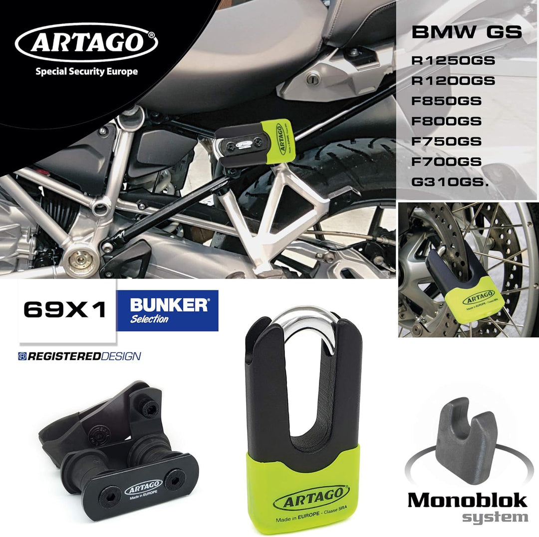 Artago 69X1 Pack Bremsscheibenschloss Diebstahlsicherung Hohe Sicherheit + Halterung für BMW (R1250G