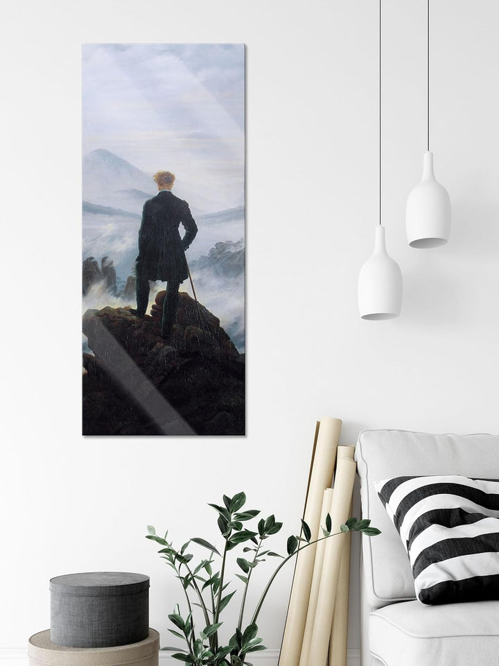 Pixxprint Glasbild Panorama, Wandbild aus Echtglas, Caspar David Friedrich - Wanderer über dem Nebel