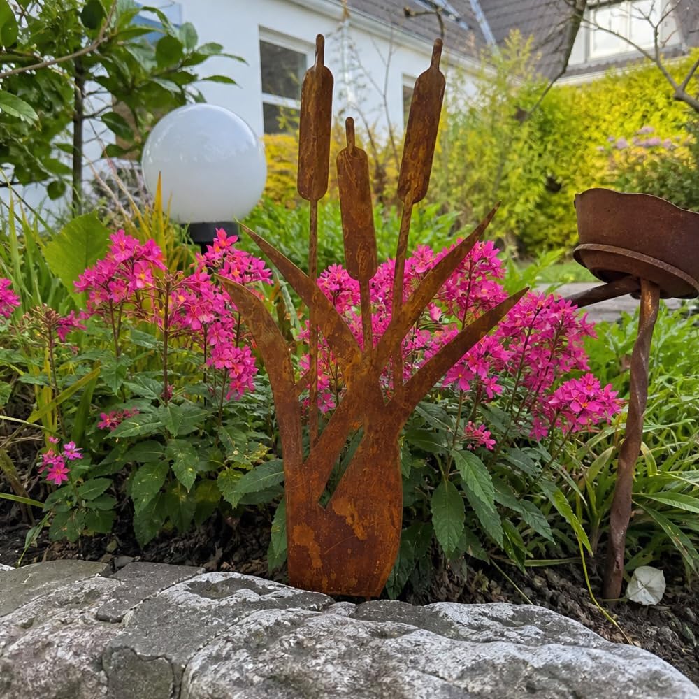 Gartenstecker Rost Schilfgräser, Gartenstecker Metall, Gartendeko Rost für Draussen, Edelrost Garten