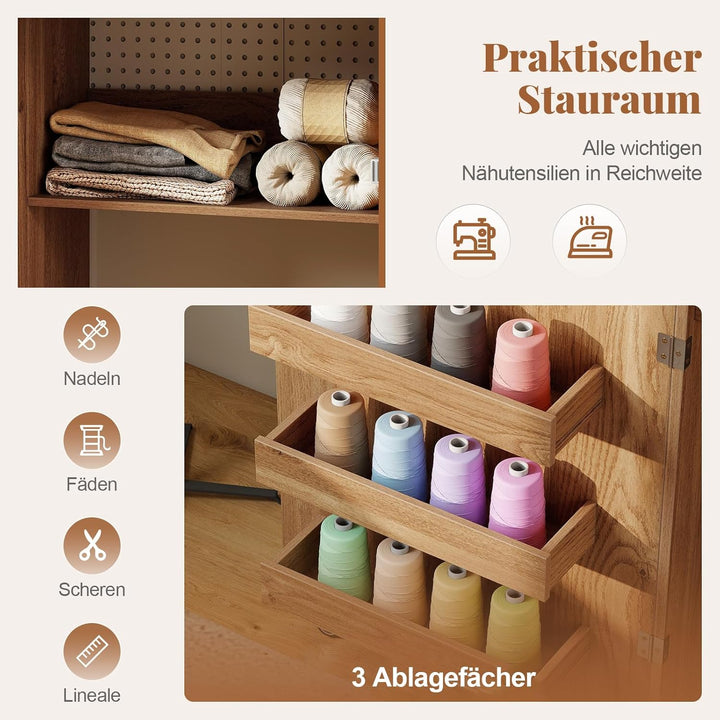 COSTWAY 2 in 1 Nähtisch klappbar mit Ladestation, Nähmaschinenschrank aus Holz mit Regalen, Nähschra