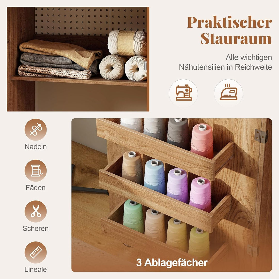 RELAX4LIFE 2 in 1 Nähtisch, Nähmaschinenschrank klappbar mit Ladestation, Nähschrank aus Holz mit Re